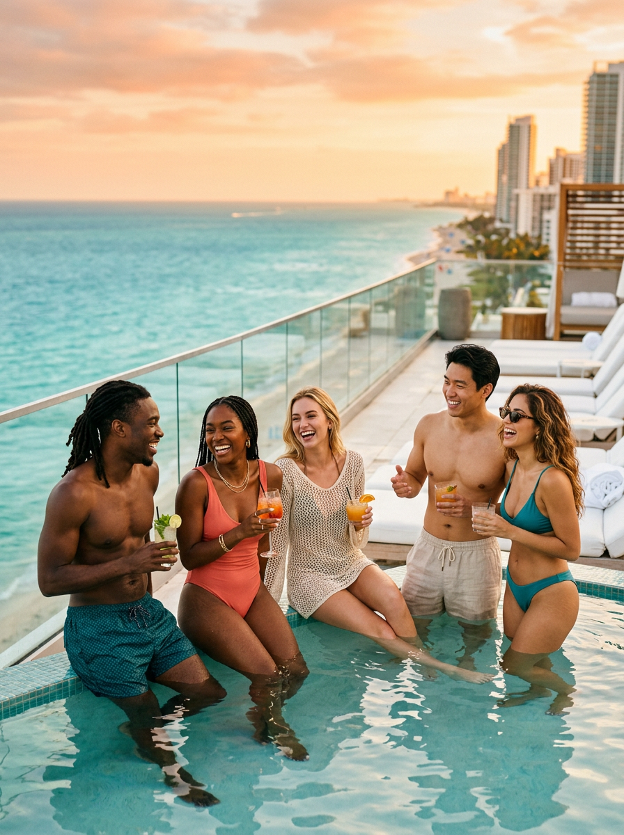 Stylish group of friends at a luxury rooftop pool